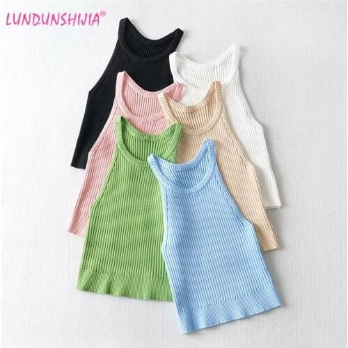 LUNDUNSHIJIA 2021 New Summer Women Sexy Knitting Cotton Off Shoulder Sleeveless Crop Tops Bodycon Ribbed Halter Tanks Top