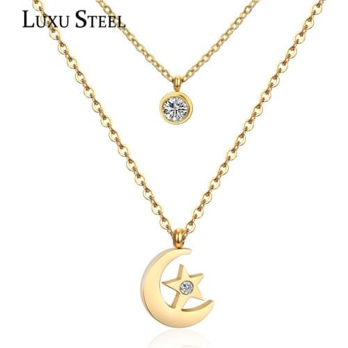 LUXUSTEEL Fashion Moon/Music Note/Fairy Shape Double Chain Necklace Gold/Steel Color Charm Crystal Pendant Necklace Female