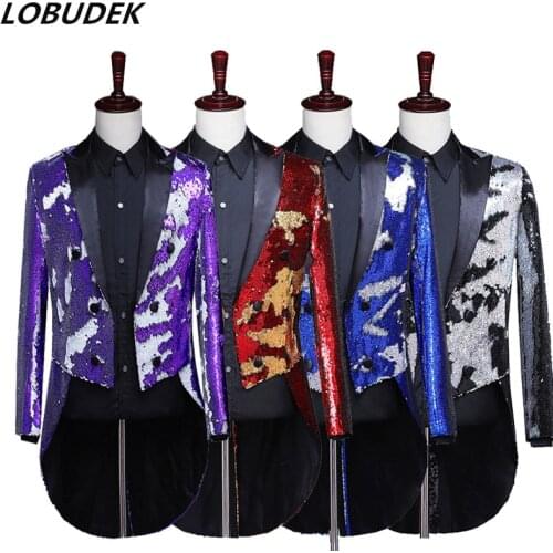 Male Double Sided Color Flipping Sequins Tailcoat Suit Jackets Prom Formal Host Stage performance Tuxedo Magician Chorus Costume