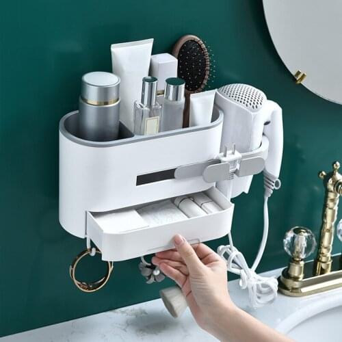 New 2021 Bathroom Storage Wall Mount Hair Dryer Holder Rack Plastic Shelves for Bathroom Toiletries Makeup Organizer