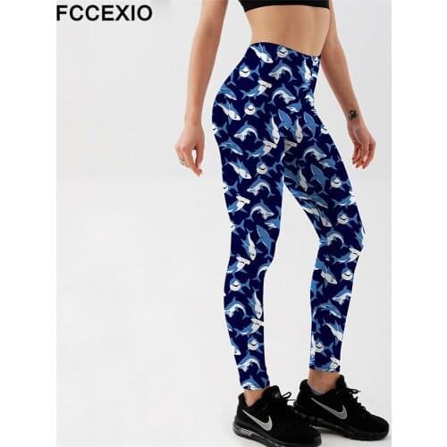 FCCEXIO New Arrival Small Shark 3D Digital Print Women Leggings Slim Trousers Stretch Pants Plus Size Fitness Leggings