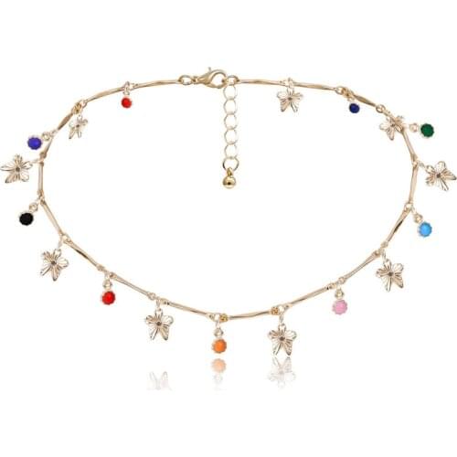 Sweet Colorful Beads Gold Butterfly Choker Necklace for Women Fashion Clavicle Chian Necklace Party Jewelry Gifts