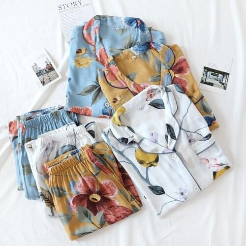 Fdfklak Floral Printing Sleep Lounge Pajama 2021 New Long Sleeve Top + Trousers Woman Pajama Set Pyjamas Cotton Sleepwear