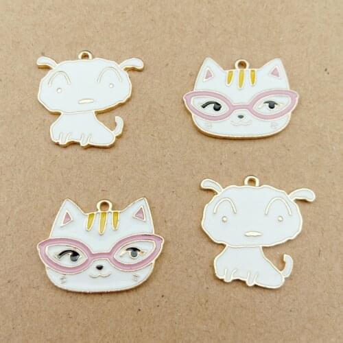 10pcs Lovely Cat Dog Animals Alloy Enamel Charms Oil Drop Cat Head White Dog Pendants Charm DIY Jewelry Earrings Accessory YZ531