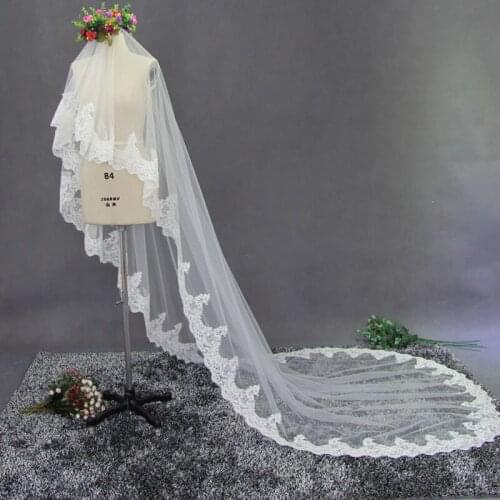 Luxury layer one White ivory Wedding Accessories Veil Lace edge Chapel length Bridal Veils Velos De Novia