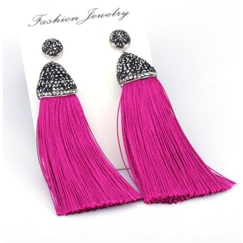 Silk Chunky Thick Tassel Rhinestone Cap Boho PINK Collection Light Dark Hot Pink charm Studs Dangle Tassel Earrings For Women