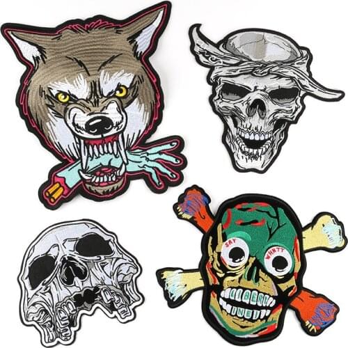 Large a Skull head Wolf cloth stickers punk clothing embroidered appliqués ironing sewing decorative Coat back iron patch