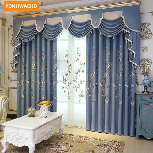 Custom curtains high grade Fresh simple Chinese living room embroidered blue cloth blackout curtain tulle valance drape N756