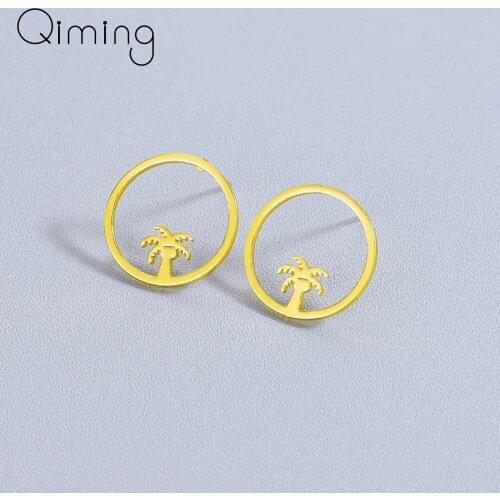 Hawaii Coconut Tree Womens Earrings Ladies Bohemia Beach Jewelry fashion Rose Gold Tropical Circle Round Stud Earrings Gift