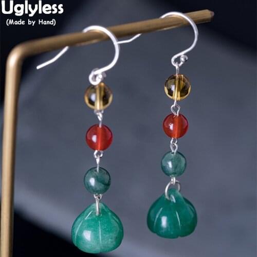 Uglyless 100% Real 925 Sterling Silver Traditional Ethnic Earrings for Women Jade Lotus Beading Earrings Gemstones Beads Brincos