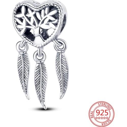 New 100% Sterling Silver 925 Fashion Tree of Life Feathers Charms DIY Charm Jewelry Fit Original Pandora Bracelet for Women Gift