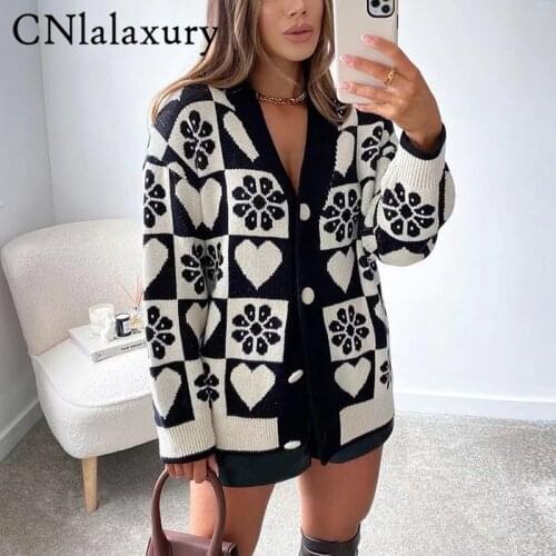2021 New Autumn Winter V-Neck Knitted Cardigans Women Single Breasted Printed Loose Sweaters Female Casual Soft Knitwear Jumper