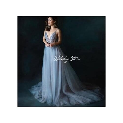 Luxury Beading Long Draped Tulle Dress For Women Deep V-Neck Spaghetti Strap Maternity Robes Elegant Party Prom Gowns vestito