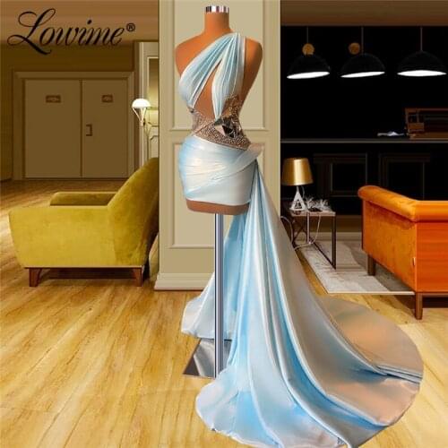 Lowime One Shoulder Short Cocktail Dresses Party Gowns 2021 Shiny Crystals Sky Blue Evening Gowns Customized High Low Prom Dress