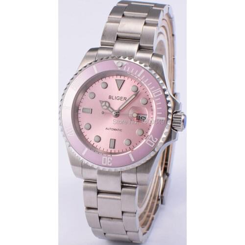 40mm BLIGER Wristwatches Pink bezel Luminous Ceramic Bezel sapphire automatic mens watch