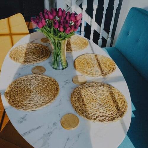 5Pack Woven Placemats,Natural Water Hyacinth Weave Placemat Round Braided Rattan Tablemats 15Inch-ABUX