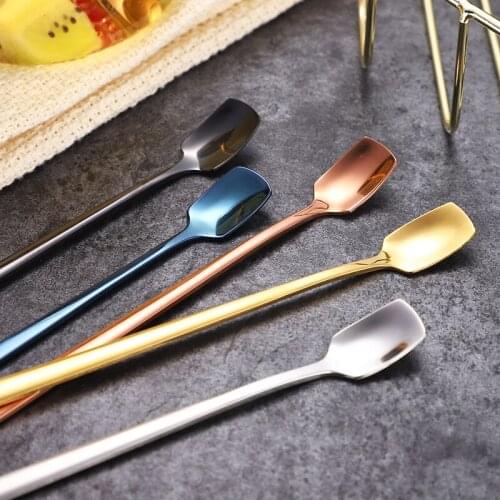 6 Pcs stainless steel square head spoon titanium plated golden mug spoon long handle stirring spoon honey creative ice spoon