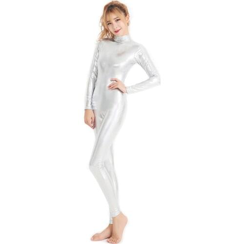 Women Silver Metallic Catsuits Long Sleeve Unitards Full Bodysuit Spandex Dance Gymnastic Stagewear Unitard Free Shipping