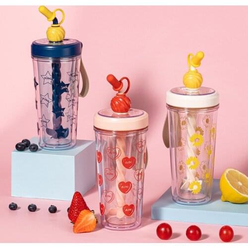 Stirring Cup Creative Fashion Web Celebrity Plastic Cup Lovely Fresh Male and Female Student Couples Straw Cup Water Bottles