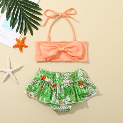 Kids Swimwear For Girls Two-piece Summer Strap Swimwear Solid Color Cute Bow Swimsuit Kawaii Bathing Suit Set Kids Swim Suit