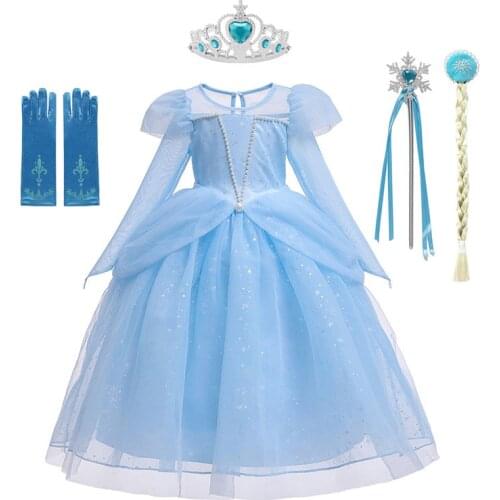 Girl Elsa Dress Long Sleeve Princess Costumes Blue Pink Ball Gown Fancy Halloween Outfits Toddler Carnival Birthday Party Dress