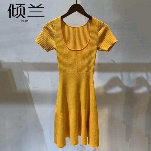 Patads light luxury French slim dress spring and summer square neck short rib knit slim dress