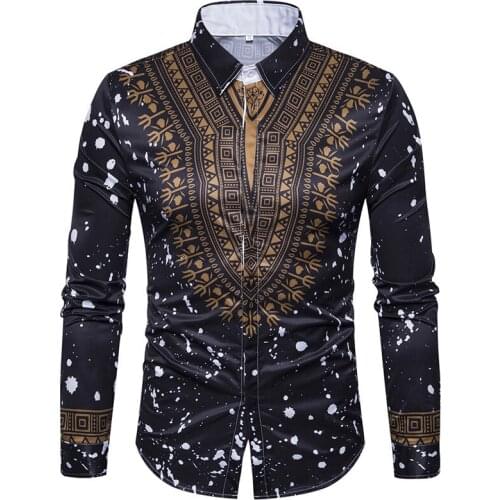 European and American Autumn and Winter Fashion Personality Ethnic Style Floral Print Mens Versatile Long-sleeved Shirt