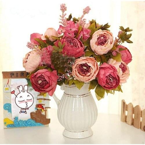 Wholesale-1pcs Bouquet Artificial Peony Silk Flowers Fake Leaf Home Wedding Party Decoration