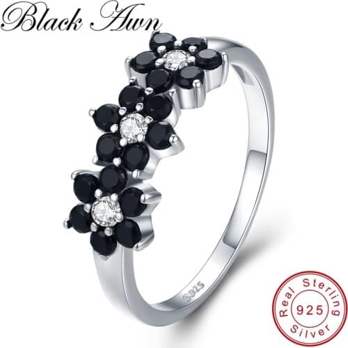 [BLACK AWN] Vintage 2.1g 925 Sterling Silver Jewelry Bague Flower Black Spinel Engagement Rings for Women Girl Gift C464