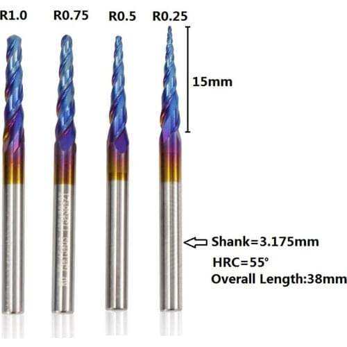 1pc 3.175mm rod tapered ball nose end mill r0.25 / 0.5 / 0.75 / 1.0 / nano blue coated hrc55 carbide end mill 2 funny flute