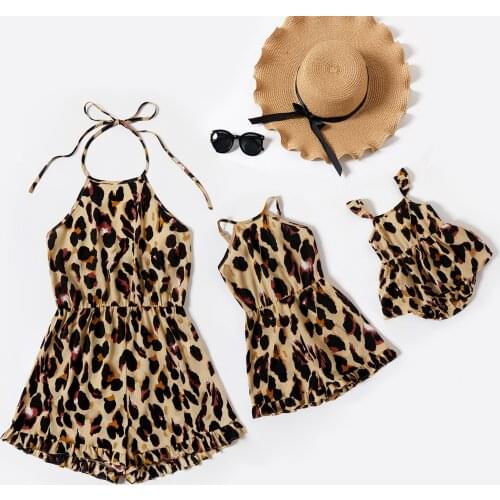 PatPat 2021 New Summer Leopard Halter Neck Ruffle Decor Rompers for Mommy and Me for Sleeveless Baby Girl Clothes