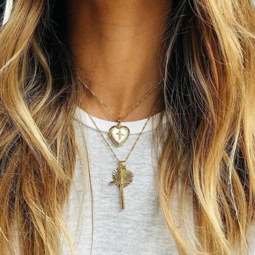 2 Pcs/Set Fashion Necklaces Women Exquisite Heart Cross Pendant Gold Multilayer Necklace Girls Party Wedding Charm Jewelry