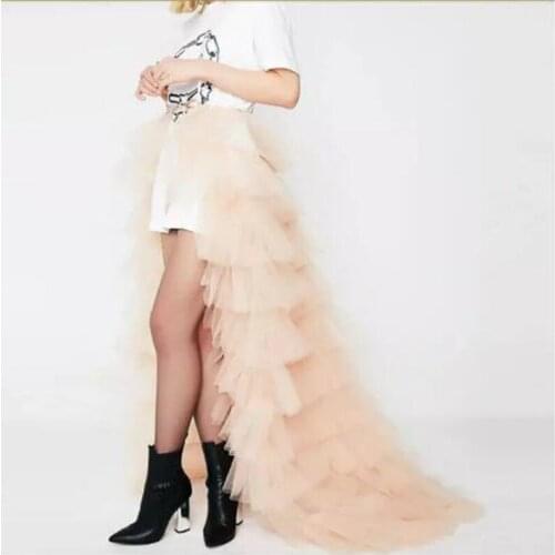 Trendy Champagne Ruffles Tulle Wrap Skirts Sash Bow Tiered Long Tulle Skirt Women Bridal Train Over-Skirt Faldas Mujer Moda