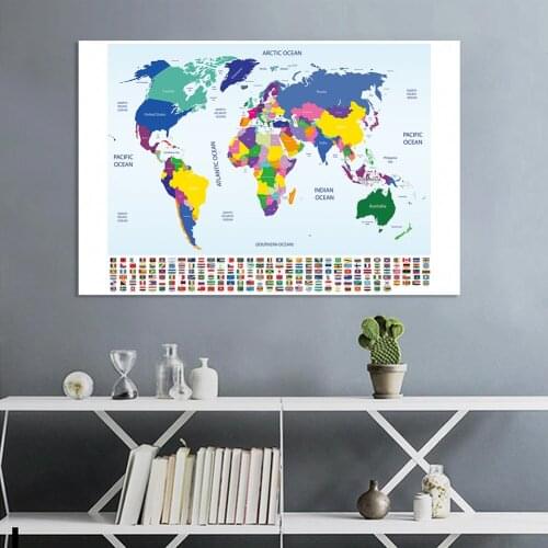 225*150cm The World Map with National Flags In English Wall Poster Fabric Canvas Painting Classroom Home Decor School Supplies