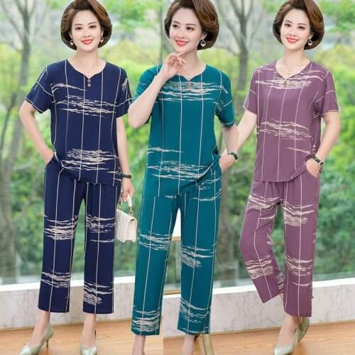 2021 New middle-aged Womens Summer Clothes Set Vintage Printed Loose Top + Elastic Waist Pants Suit Two Piece Casual Set L413