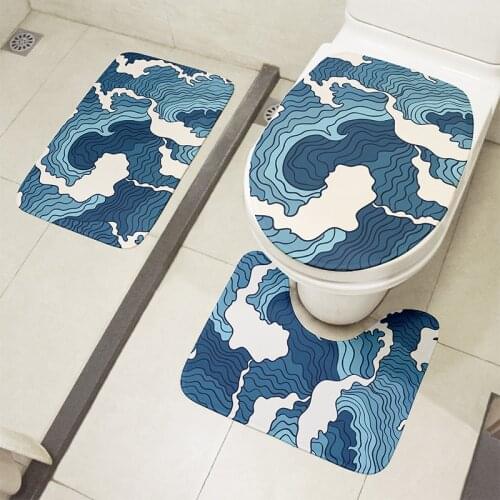 New Style Toilet Cover Set 3-Piece Bathroom Non-Slip Mat Set Shower Decoration Rug Ukiyo-e Waves Carpet Flannel Toilet Cushion