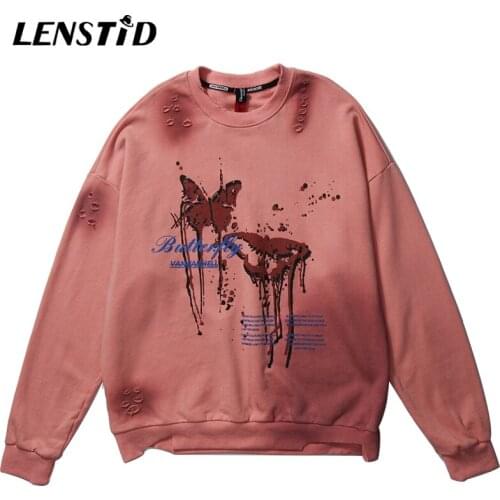 LENSTID Autumn Men Tie Dye Hole Sweatshirts Hip Hop Dark Butterfly Print 2021 Harajuku Streetwear Casual Cotton Pullover Hoodies