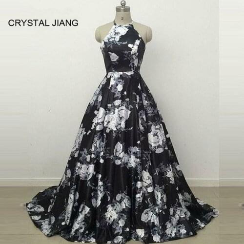 Hot Sale 2018 Sexy Halter Black Floral Printed Custom made Sleeveless A Line Sweep Train Formal Evening Dresses