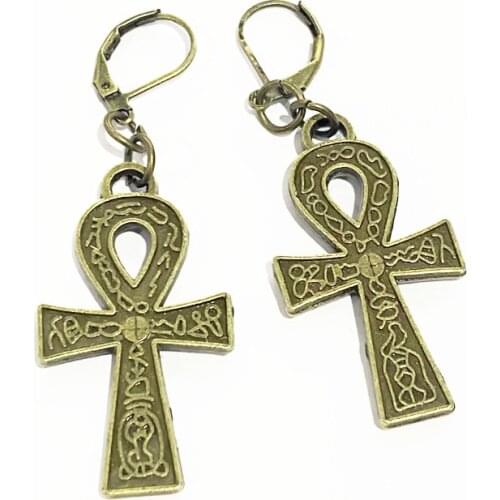 New Fashion Handmade Cross Egyptian Ankh Life Symbol Flower Cross Pendants Ancient Bronze Color Earrings For Womens Style
