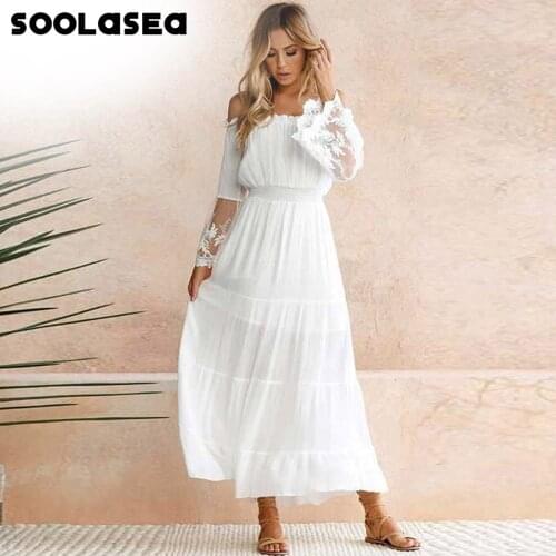 Soolasea Summer Sundress Women White Beach Dress Strapless Long Sleeve Loose Sexy Off Shoulder Lace Boho Chiffon Maxi Dress