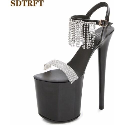 SDTRFT Stilettos zapatos mujer 20cm thin heels platform diamond Tassels sandals Buckle shoes woman Party Dance Ankle Strap pumps
