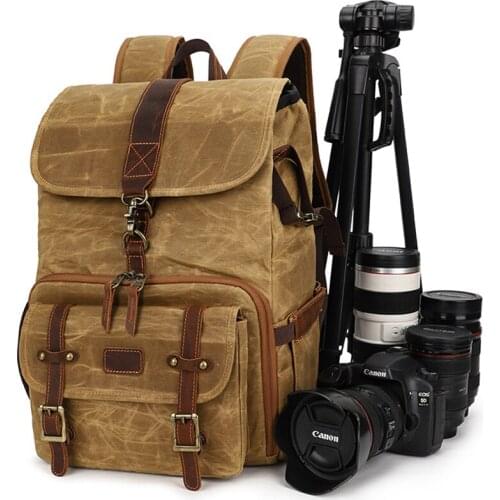 Waterproof Photography Retro Batik Canvas Leather Backpack fit 15.4inch Laptop Men Camera Bag Travel Case for Canon Nikon DSLR