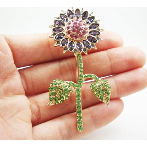 Gold Tone Purple Austrian Crystal Sunflower Flower Woman Brooch Pin Fashion Crystal Jewelry Gifts