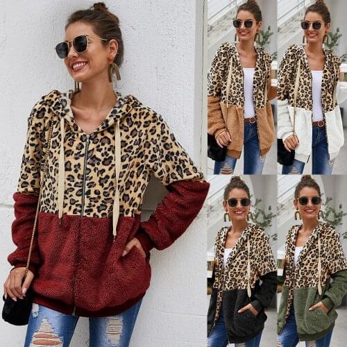 Autumn Winter Leopard Sweatshirts Women 2021 Long Sleeve Hooded Hoodies Casual Zipper Hoodie Top Warm Coat