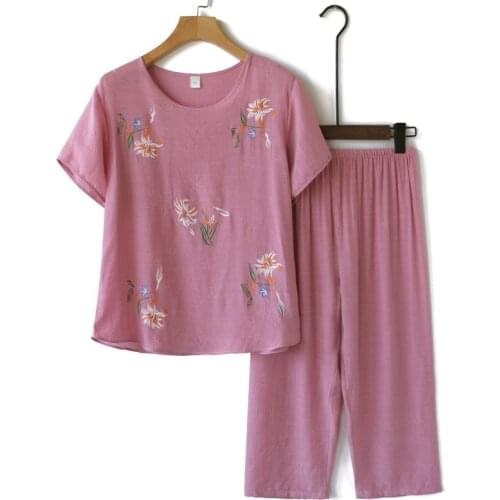 Womens Cotton And Linen Summer Nighties Short-Sleeved Colorful Mother Suit Pure Lounge Round Neck Pajamas Set Large Size 4XL