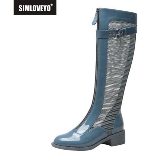 SIMLOVEYO Size 40 Slip On Patent Genuine Leather Boots Women Zip Mesh Buckle Chelsea British Ridding Winter Platform Knee Bootie
