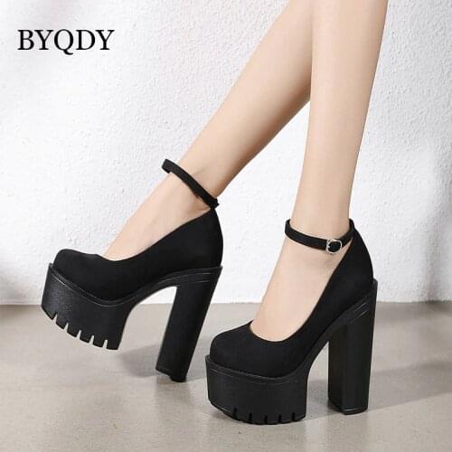 BYQDY Round Toe Woman Pumps Chunky Block High Heel Punk Rock Goth Pumps Solid Color Ankle Strap Platform Thick Heel Footwear