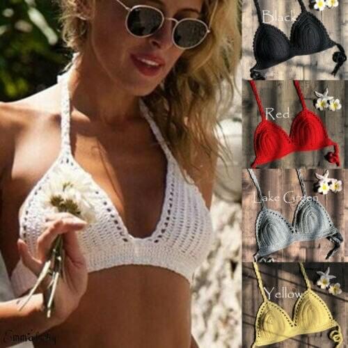 Women Summer Sexy Bikini Backless Crochet Halter Knit Beach Solid Color Micro Summer Hot Female Bra Crop Top NEW