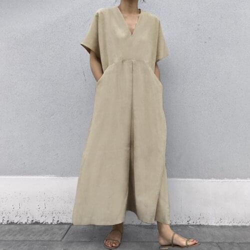 2021 Summer New Loose Plus Size Casual Short Sleeve V-Neck A Line Ankle-Length Woman Dress