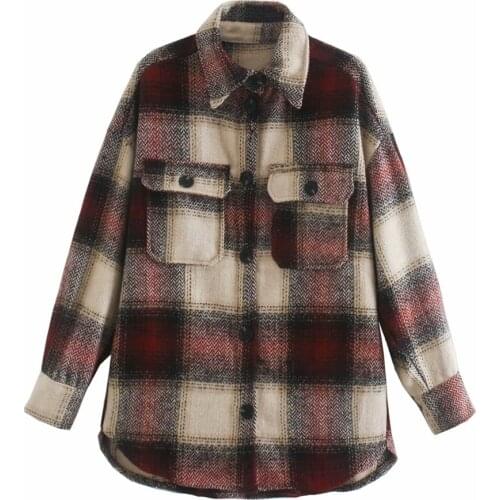 2020 retro style ladies long-sleeved woolen coat ladies plaid thick coat ladies streetwear oversized elegant shirt jacket